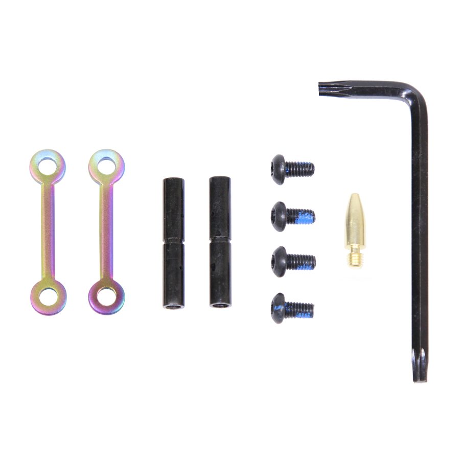 Specialized hardware kit with connectors, spacers, screws, brass tip, and hex key for precise installation.