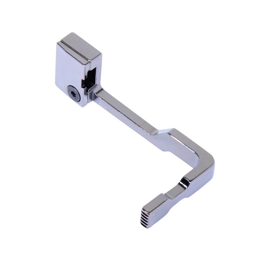 Sleek chrome L-shaped hinge latch for modern doors and cabinets.