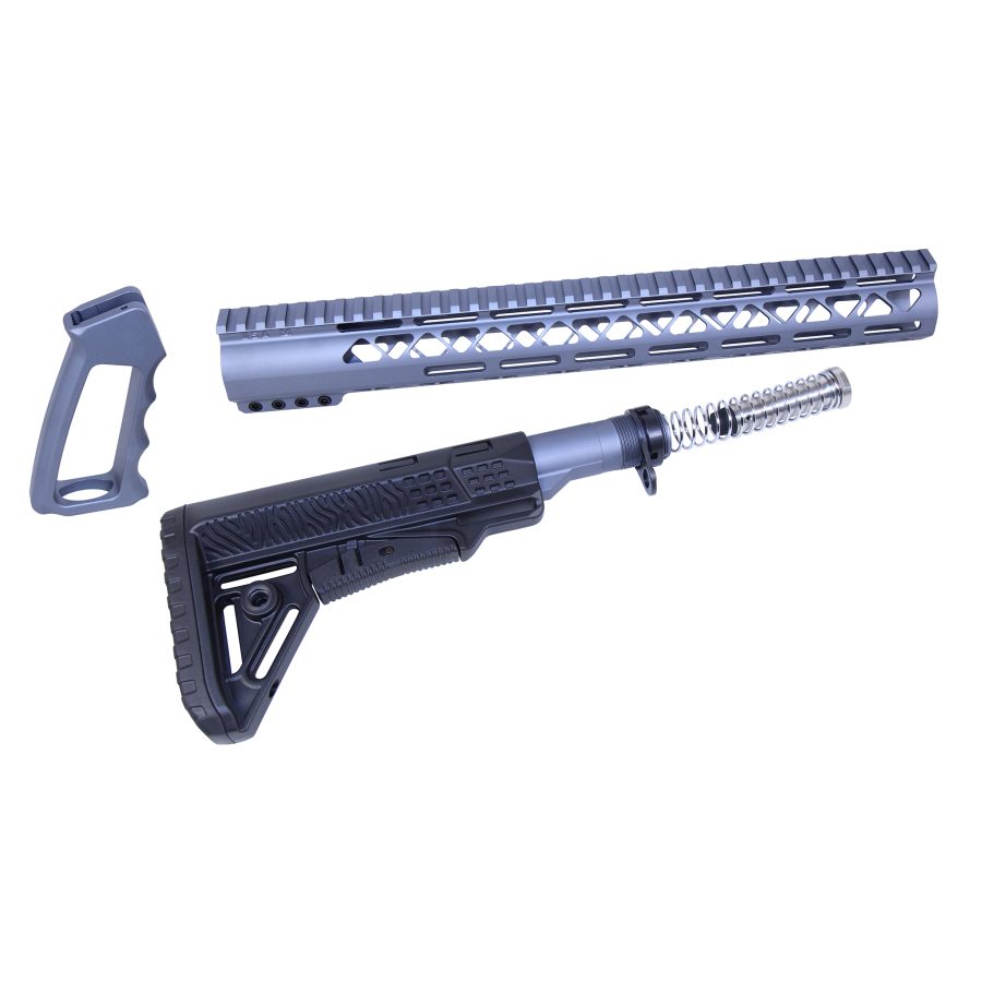 AR rifle accessories: silver handguard, buffer tube with spring, black buttstock, silver pistol grip.