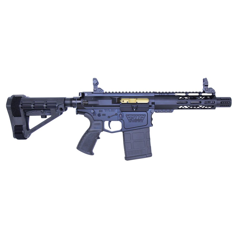 Black AR-style tactical pistol by RISE Armament with gold bolt carrier, short barrel, and brace.