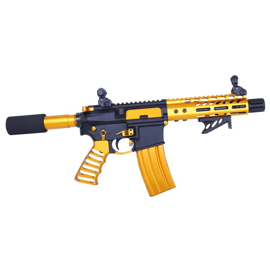 Black and Gold Custom AR-Style Rifle with Gold Accents and Tactical Features.