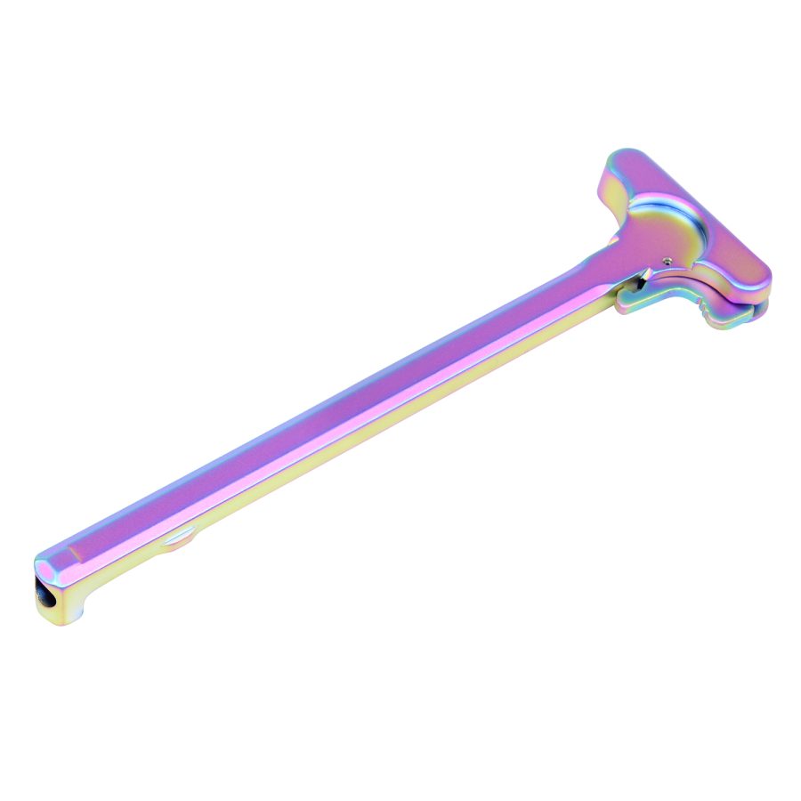 Stylish iridescent skate tool with rainbow finish, T-shaped for skateboard adjustments and easy identification.
