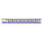 Iridescent rainbow AR handguard with M-LOK slots and Picatinny rail for accessories.