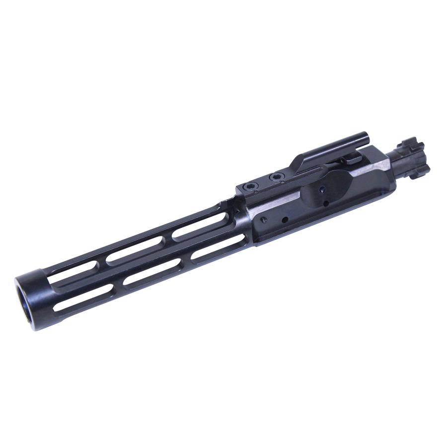 Lightweight black AR-15 bolt carrier group, precision-engineered with slots for reduced weight.