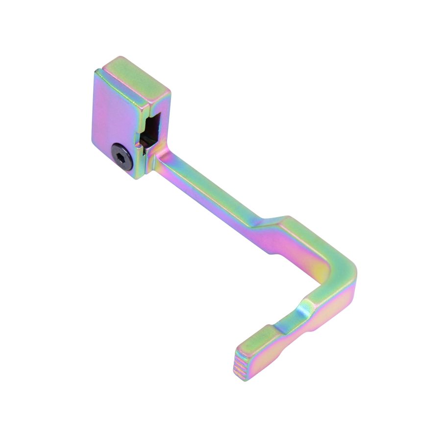 Iridescent titanium component with zigzag arm, rainbow gradient finish, for high-performance use.
