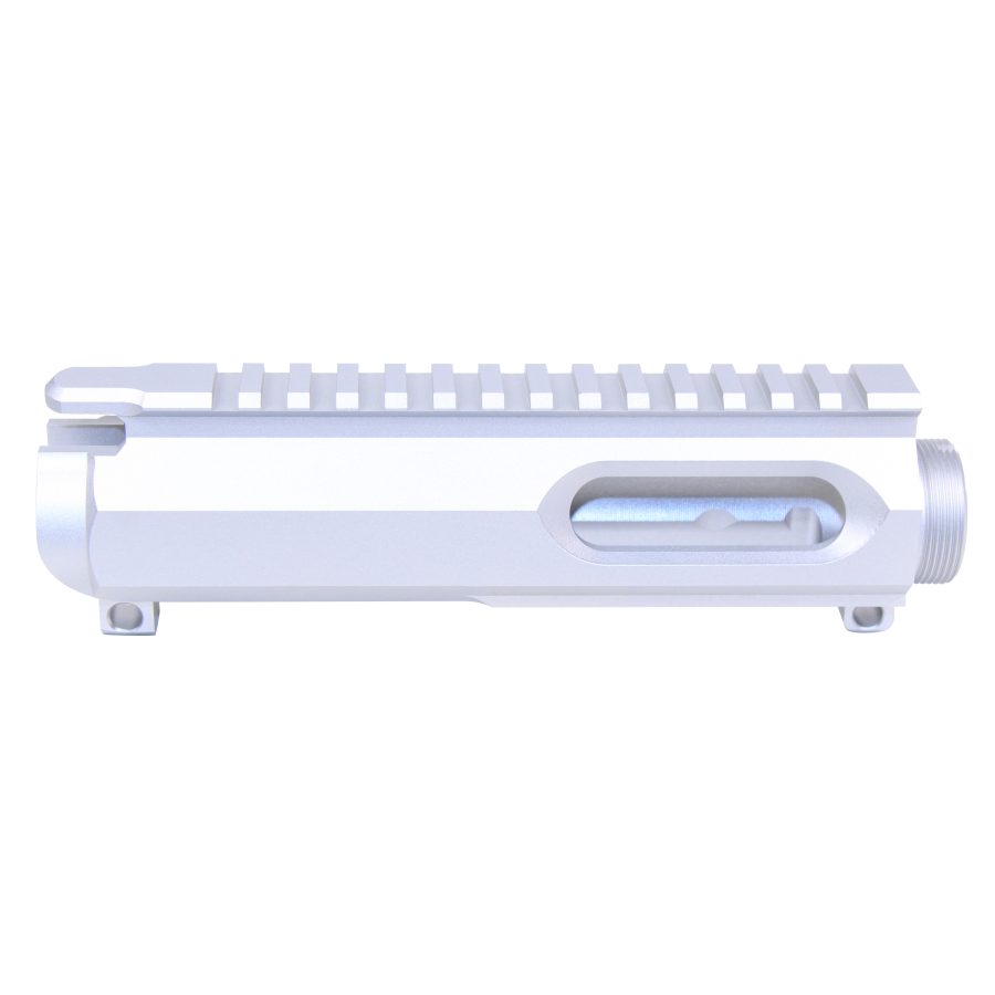 Matte white firearm upper receiver with Picatinny rail, ejection port, and precision machining.