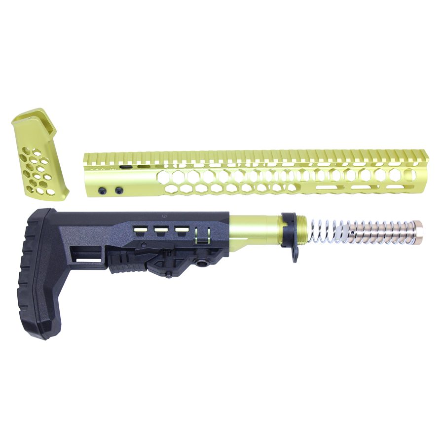 Lime green AR-15 custom parts set including stock, handguard, and grip on white background.