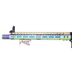 Colorful iridescent firearm barrel with ventilation ports and ergonomic foregrip for enhanced performance.