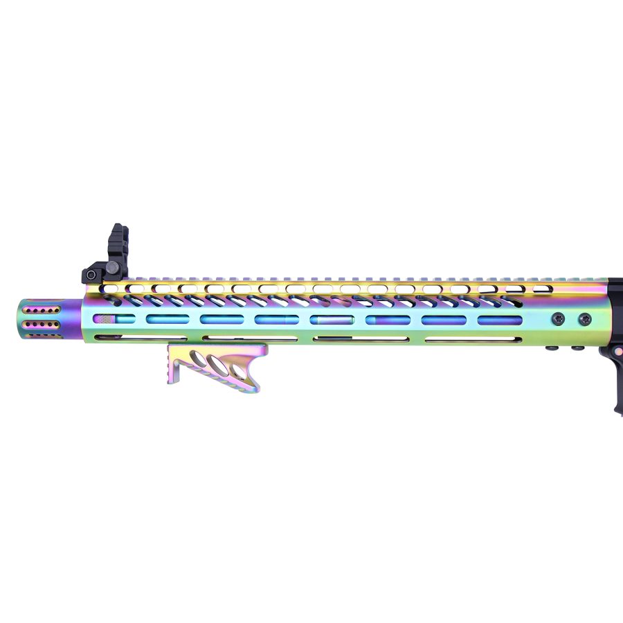 Colorful iridescent firearm barrel with ventilation ports and ergonomic foregrip for enhanced performance.