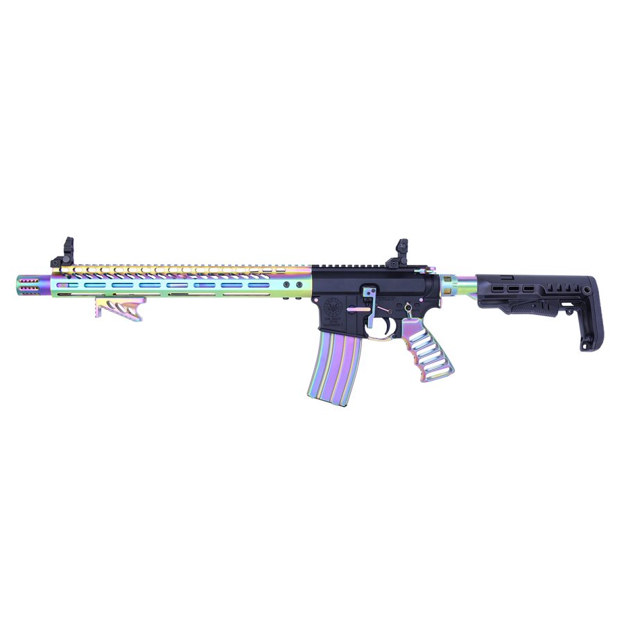 Rainbow AR-style rifle with iridescent barrel, colorful magazine, and black tactical components.