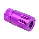 Purple anodized firearm muzzle brake with knurling, ports for recoil reduction, and a glossy finish.