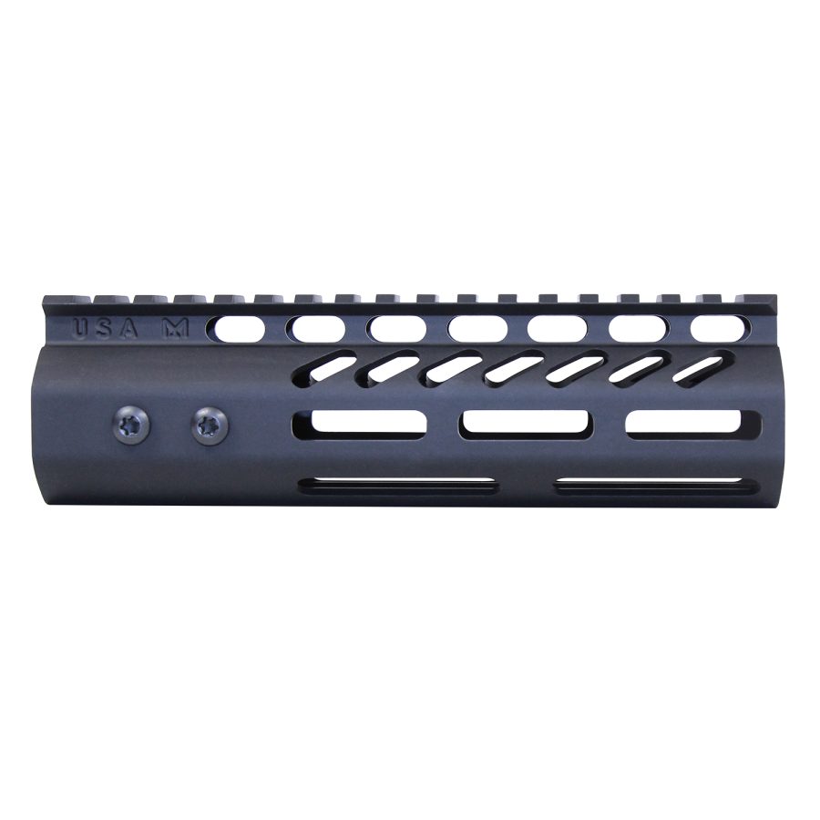 Matte black M-LOK firearm handguard with Picatinny rail, cutouts for mounting and heat dissipation.