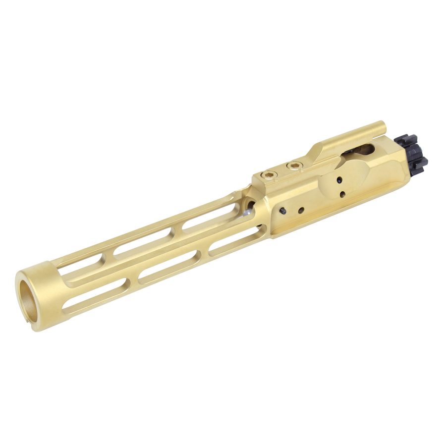 Gold titanium AR-15 bolt carrier group with lightweight, skeletonized design and precision engineering.