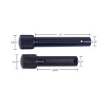 Black AR-15 takedown pins with knurled grips and measurements for firearm assembly.