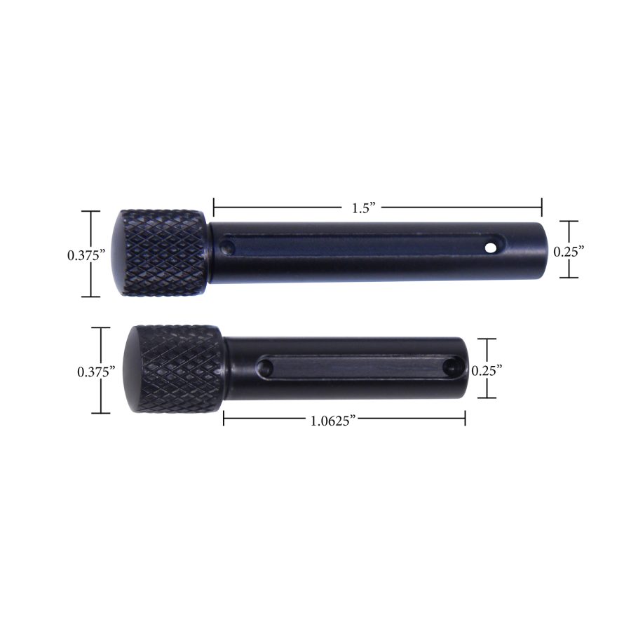 Black AR-15 takedown pins with knurled grips and measurements for firearm assembly.