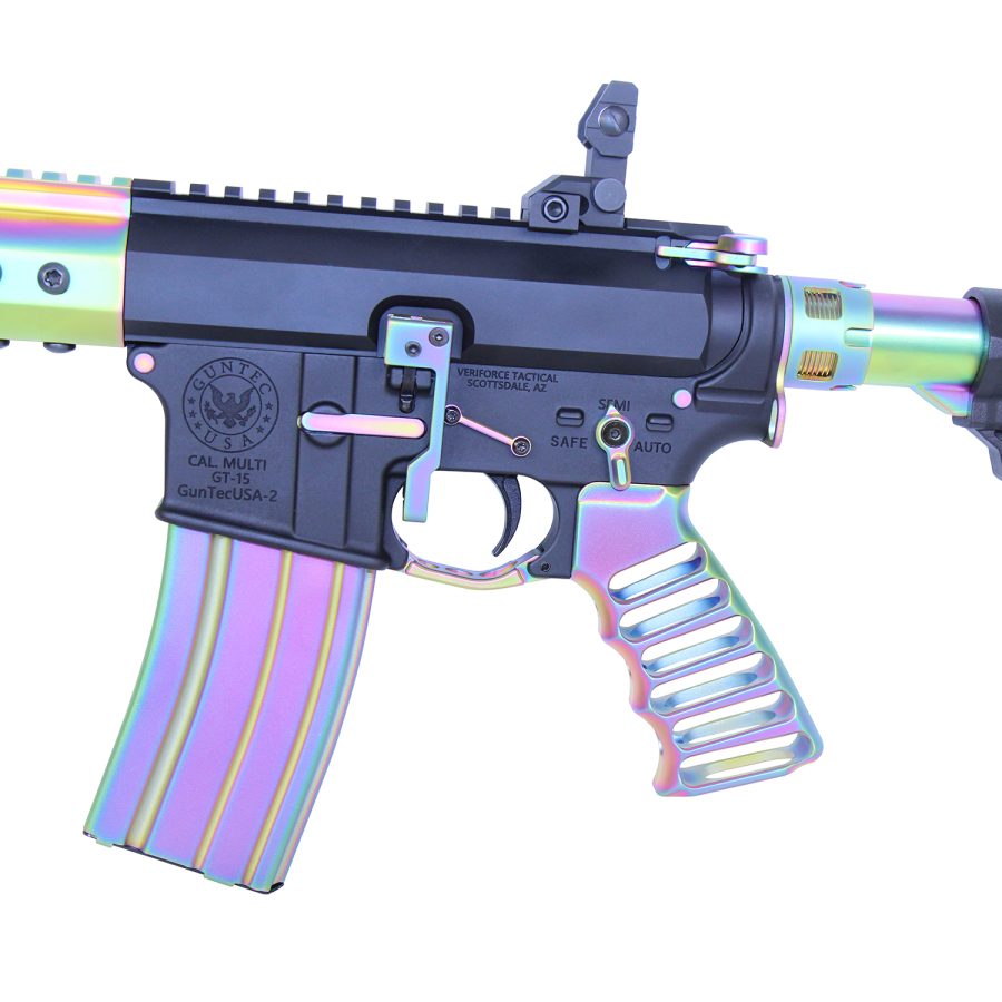 AR-15 rifle with iridescent rainbow finish contrasting black body, showcasing customization and aesthetic appeal.