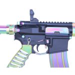 Iridescent AR-style firearm with holographic purple, green, blue accents on a dark frame.