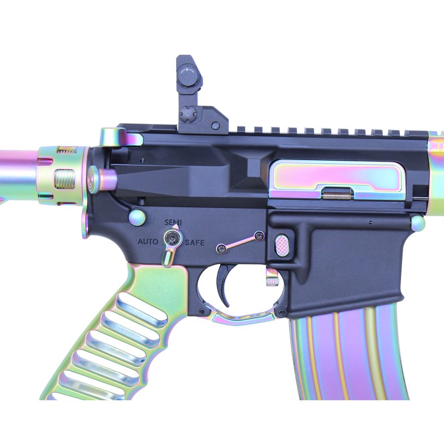 Iridescent AR-style firearm with holographic purple, green, blue accents on a dark frame.