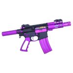 Custom purple AR pistol with black contrast, teal accents, tactical features, and compact design.