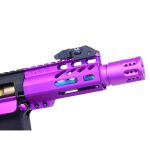 Purple firearm handguard with turquoise accents, M-LOK slots, and a vented muzzle device.