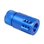 Electric blue aluminum muzzle brake with knurled grip, precision ports, and corrosion-resistant anodized finish.