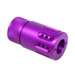 Vibrant purple anodized cylindrical component with textured grip and perforations for machinery or firearms.