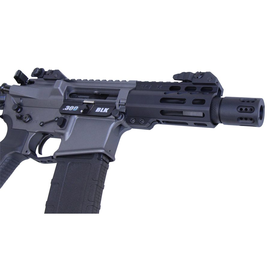 Modern tactical AR rifle with ergonomic design, modular features, and accessory rail systems.