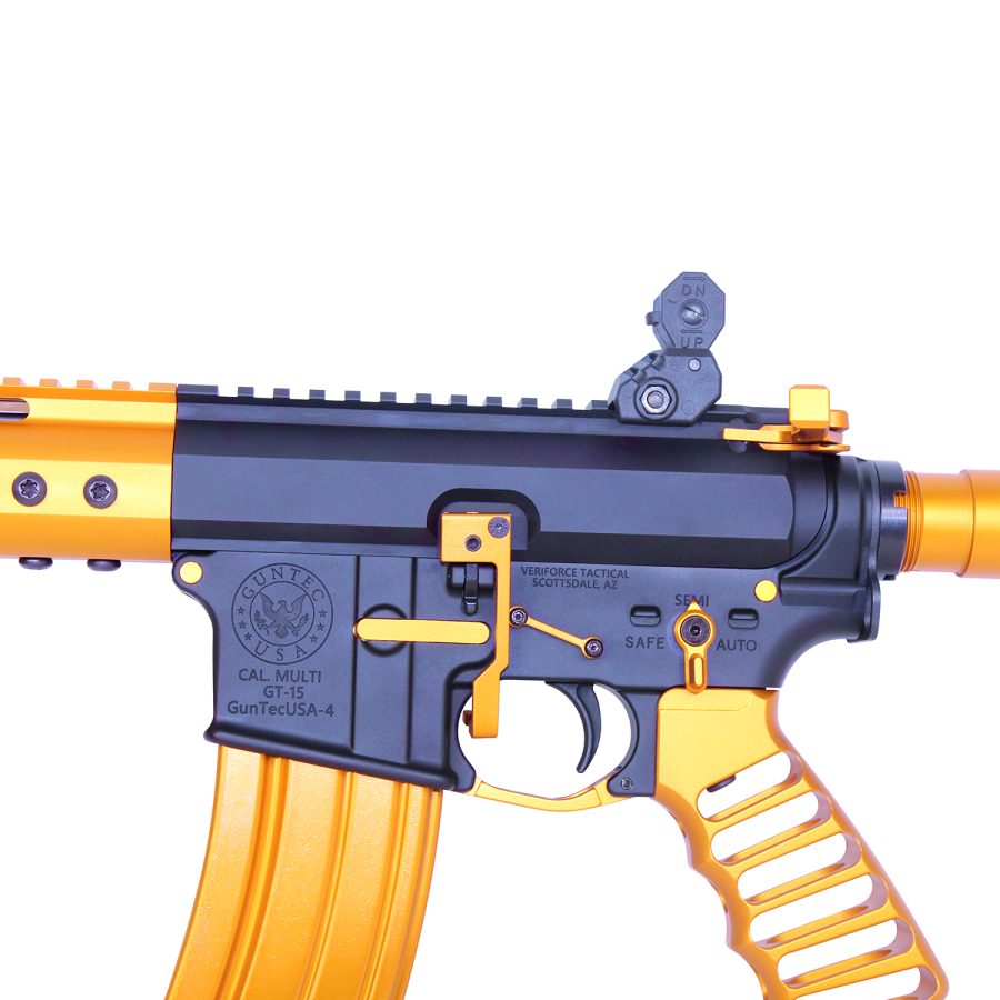 Black and orange AR-style rifle with GUNTEC USA engravings, possible training model or replica.