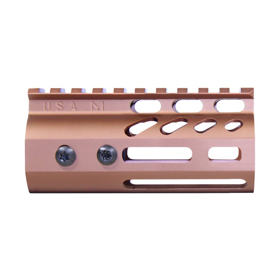 Rose gold anodized firearm handguard with Picatinny rail, engraved USA M, lightweight precision design.