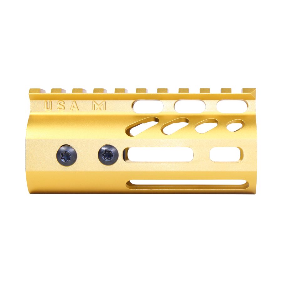Gold anodized rifle handguard with Picatinny rail and ventilation slots, USA-made.