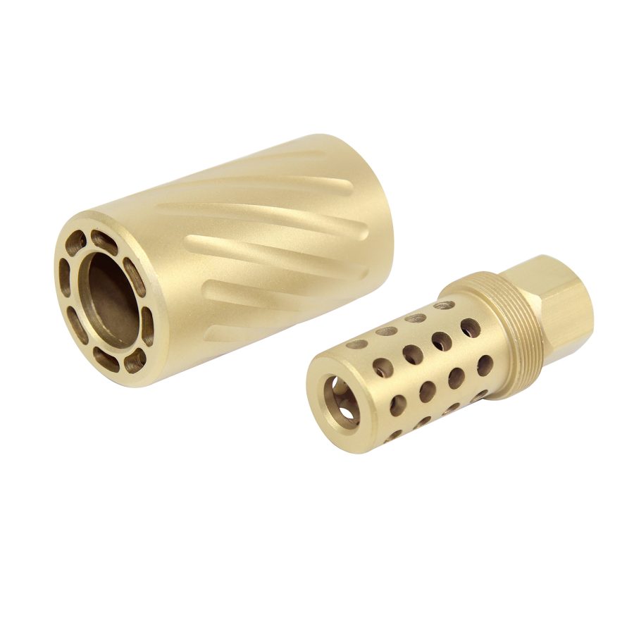 Brass firearm muzzle devices, expertly machined for recoil and gas management, against white backdrop.