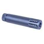 Matte blue-gray suppressor, precision-machined, reduces noise with perforated design and threaded attachment.