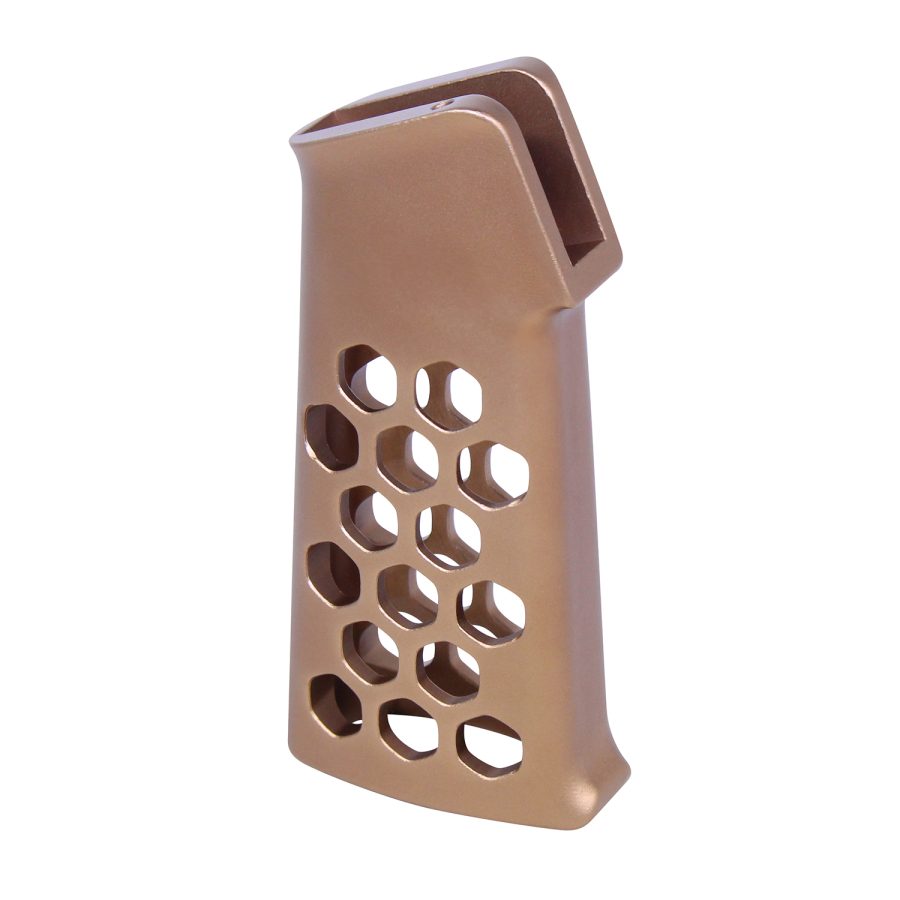 Bronze skeletonized pistol grip for AR-15 rifles, featuring ergonomic design and grid-like cutouts.