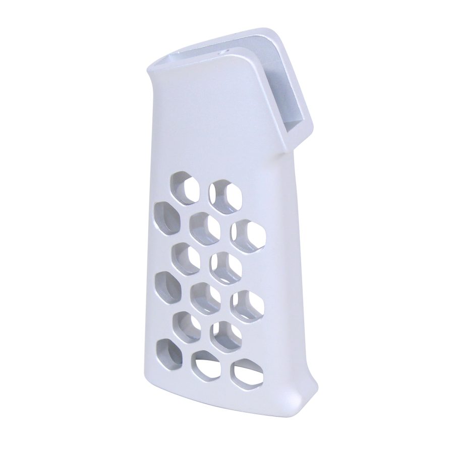 White ergonomic device with circular perforations, sleek design for airflow or weight reduction.