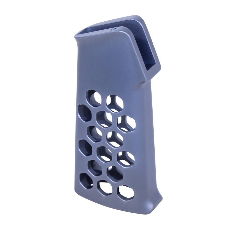 Blue AR-15 polymer grip with perforations for lightweight ergonomic handling and custom aesthetics.