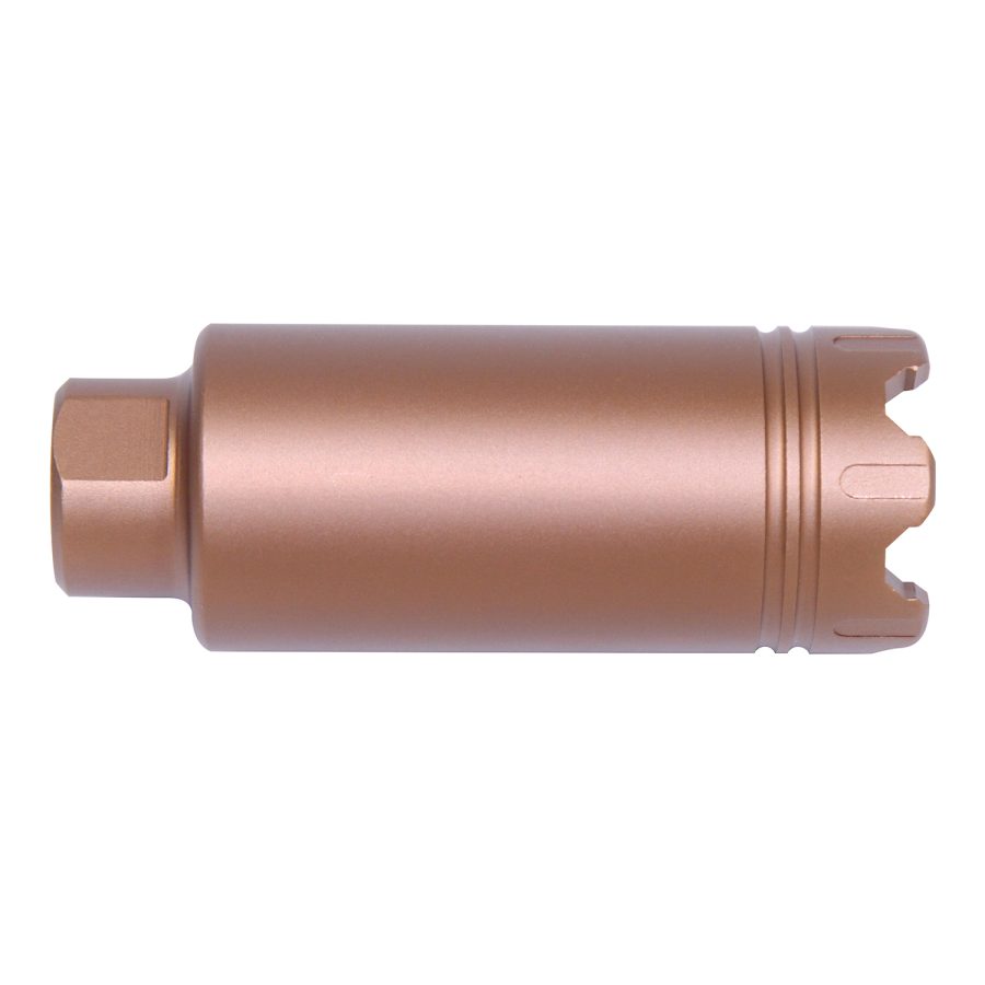 Metallic bronze cylindrical device with hexagonal and notched ends for industrial applications.