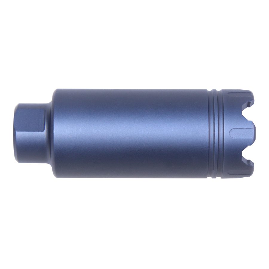 Blue-gray precision-machined firearm muzzle device; flash hider, compensator, or suppressor for performance improvement.