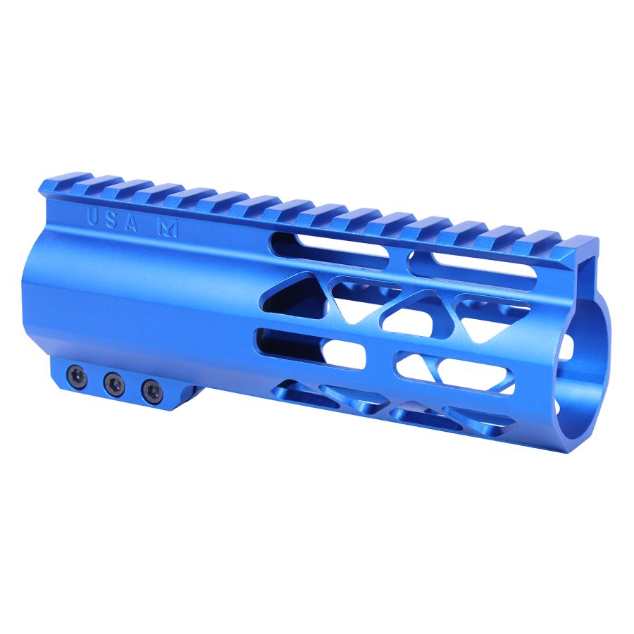 Blue anodized aluminum handguard with Picatinny rail and KeyMod system for firearm customization.
