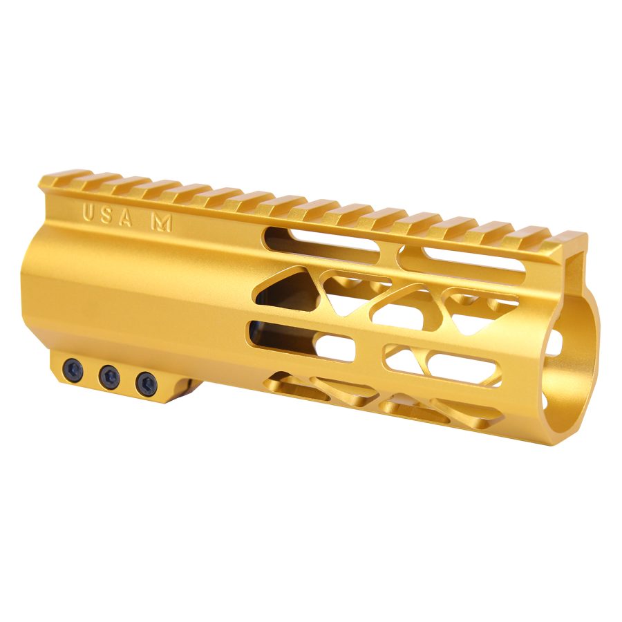 Gold anodized AR handguard with Picatinny rail, ventilation slots, and USA engraving.