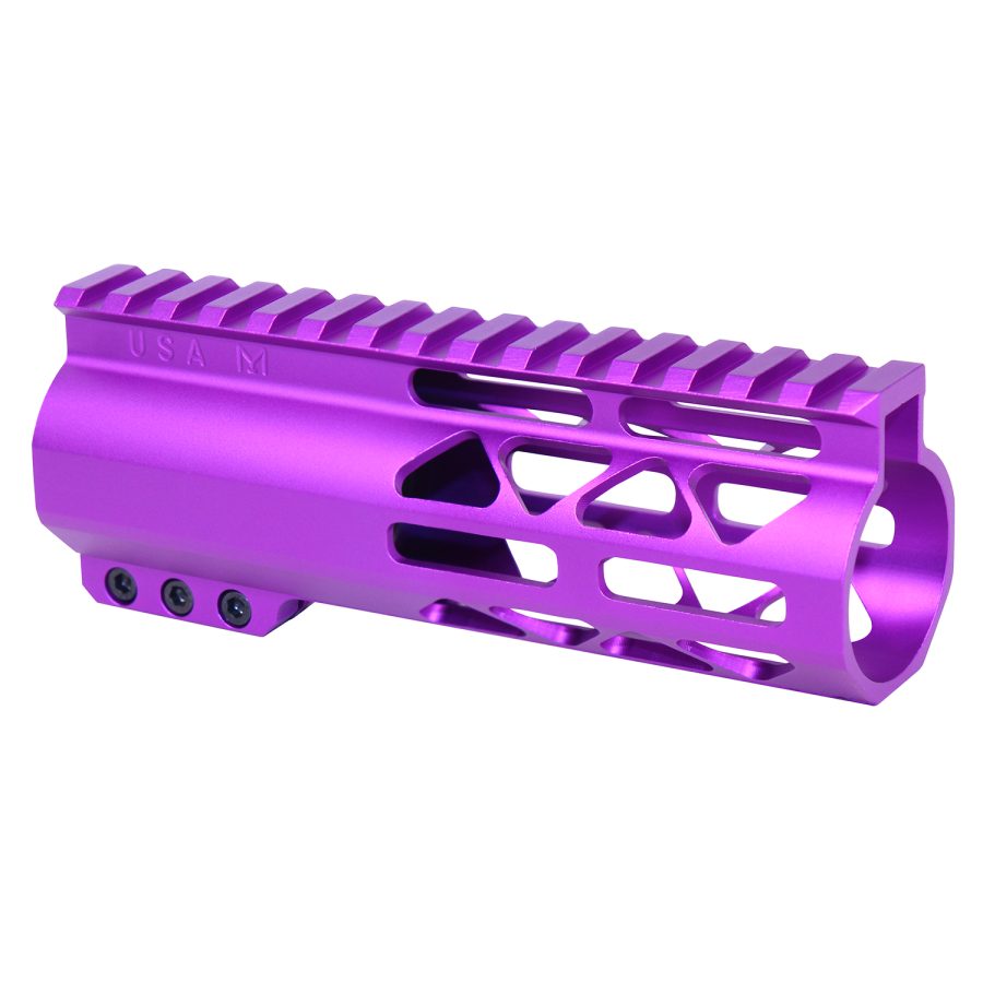 Vibrant purple firearm handguard with Picatinny rail and unique geometric cutouts for style.