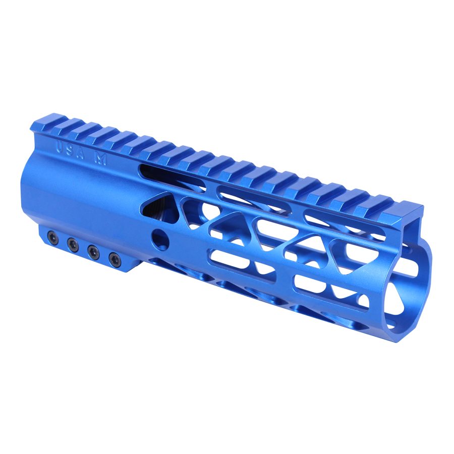 Electric blue anodized aluminum firearm handguard with Picatinny rail and weight-reducing cut-outs.