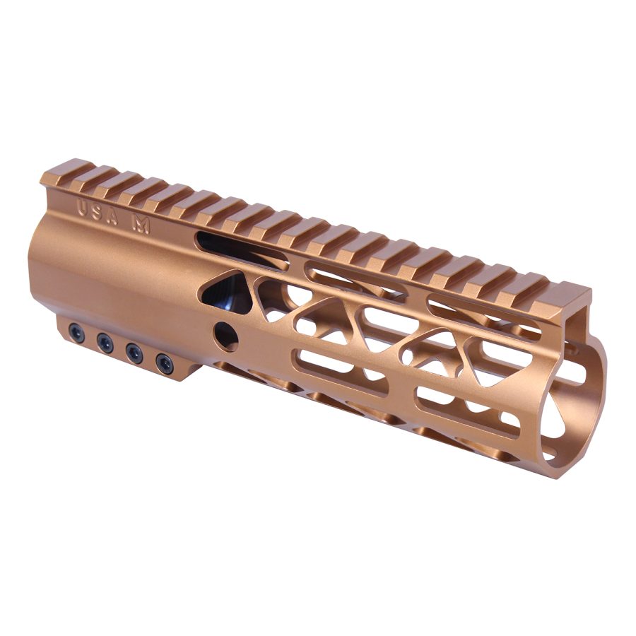 Copper-bronze AR handguard with Picatinny rail, lightweight skeletal design, U.S.A.M engraved.