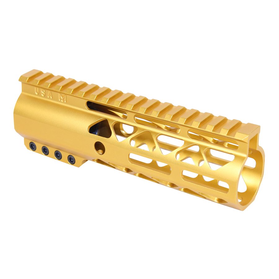 Gold anodized AR handguard with Picatinny rail, lightweight design, for customization and accessories.