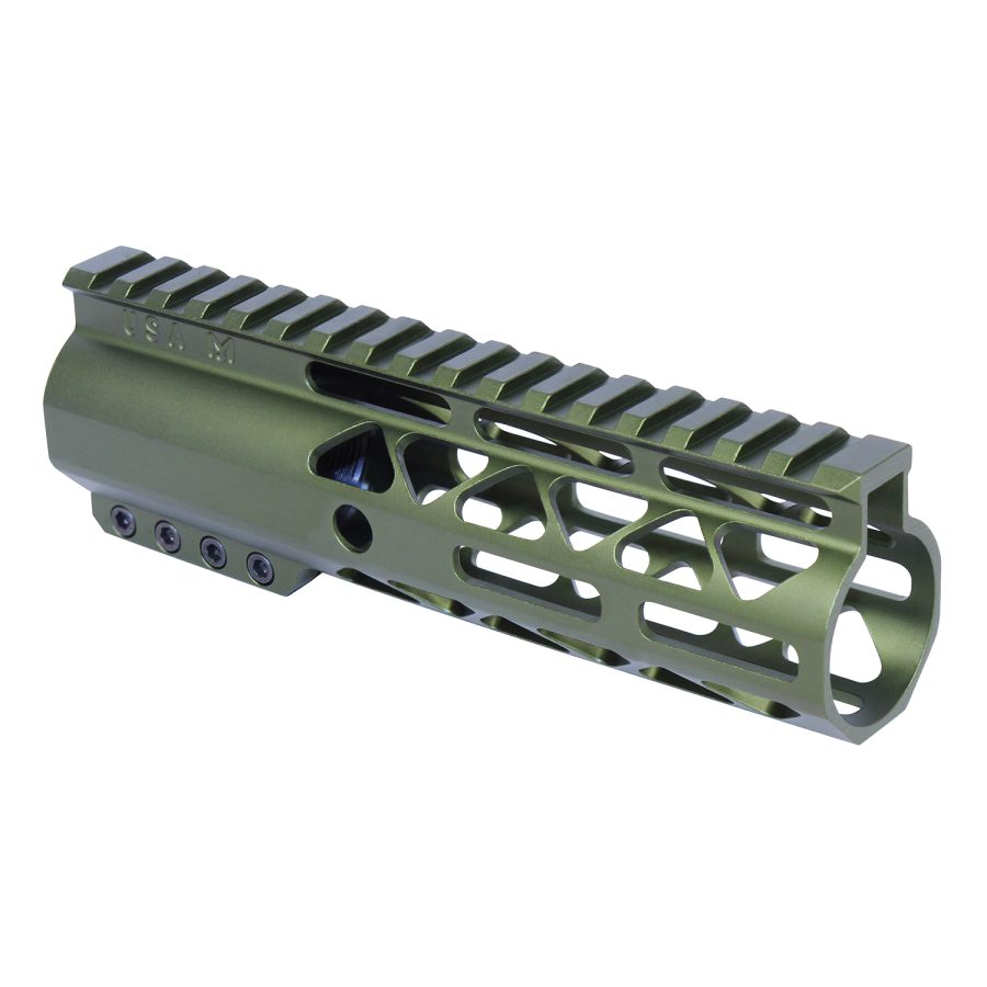 Olive drab handguard with Picatinny rail for tactical firearm accessories.