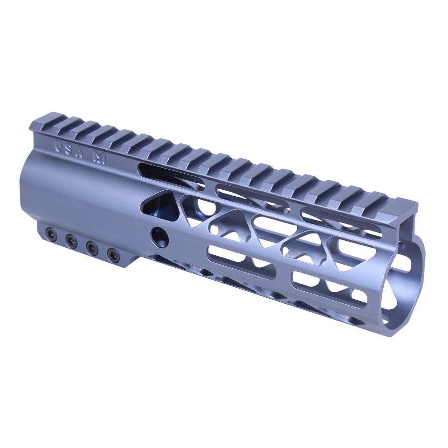 Sleek aluminum gun handguard with Picatinny rail, geometric cutouts for weight and heat management.