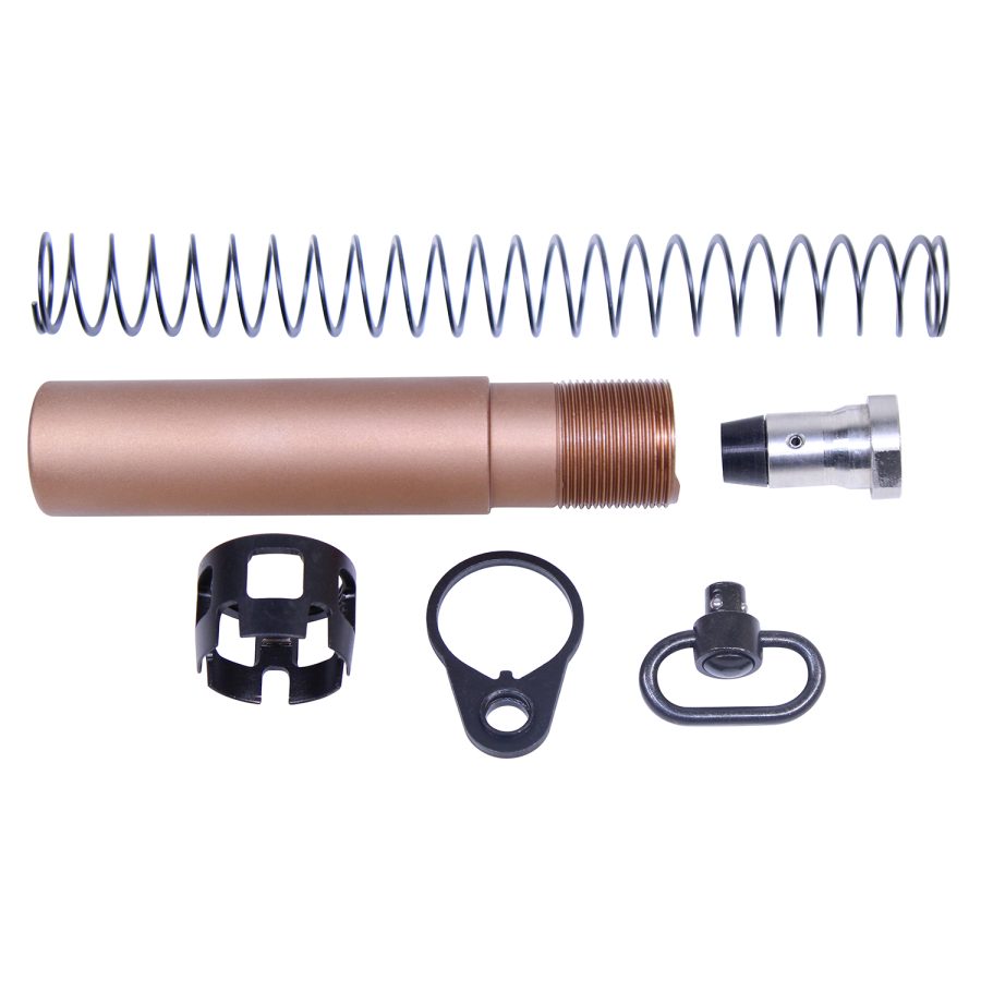 AR-15 buffer tube kit with bronze tube, spring, and components for stock customization.