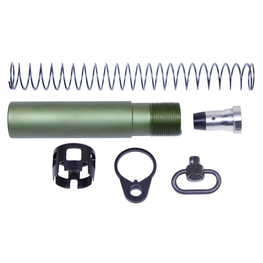 Olive drab AR-15 buffer tube components: tube, spring, retainer pin, end plate, castle nut, sling mount.