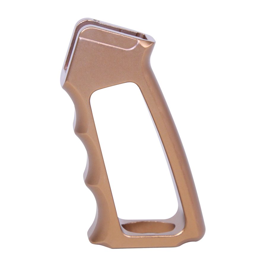 Tan ergonomic polymer pistol grip for AR rifles with finger grooves and matte finish.