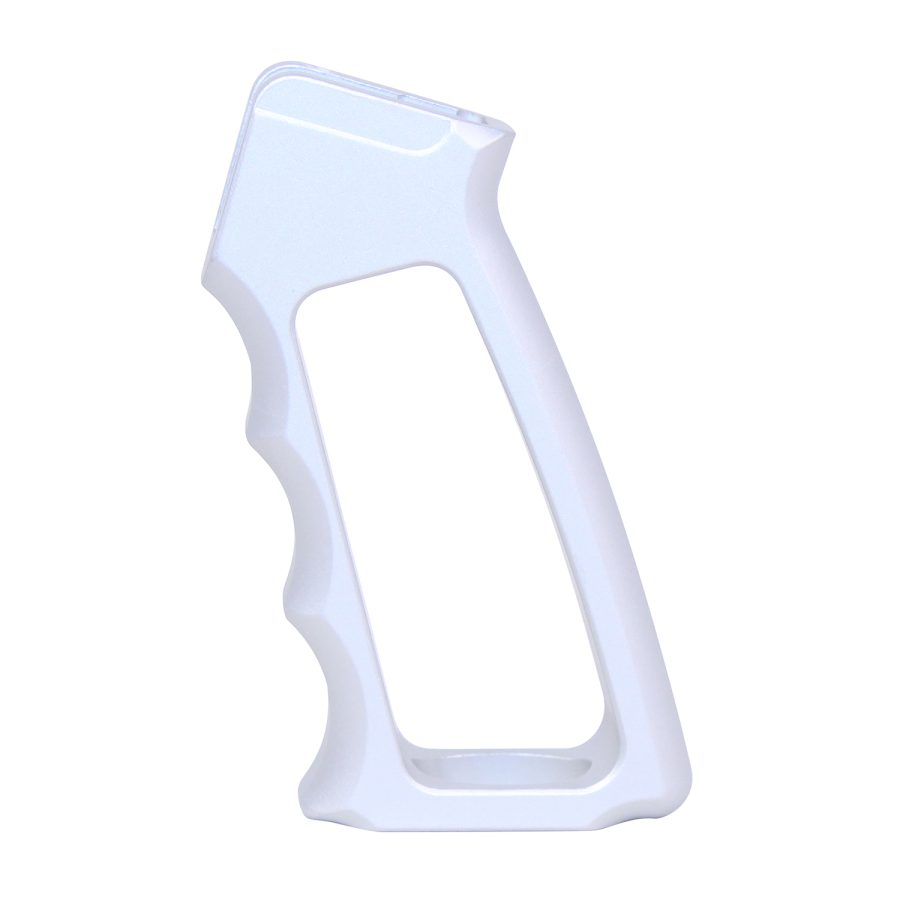 White ergonomic polymer pistol grip with finger grooves for firearms or airsoft guns.