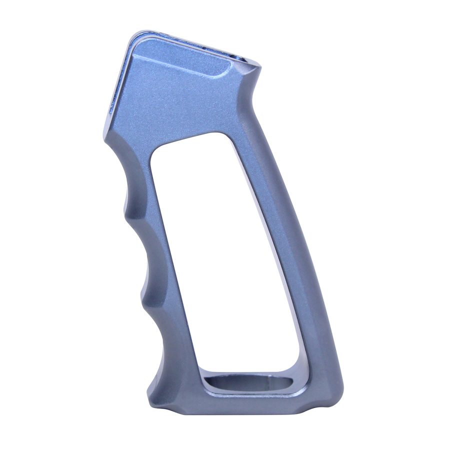 Blue-gray anodized aluminum pistol grip with ergonomic grooves for AR-15 firearms.
